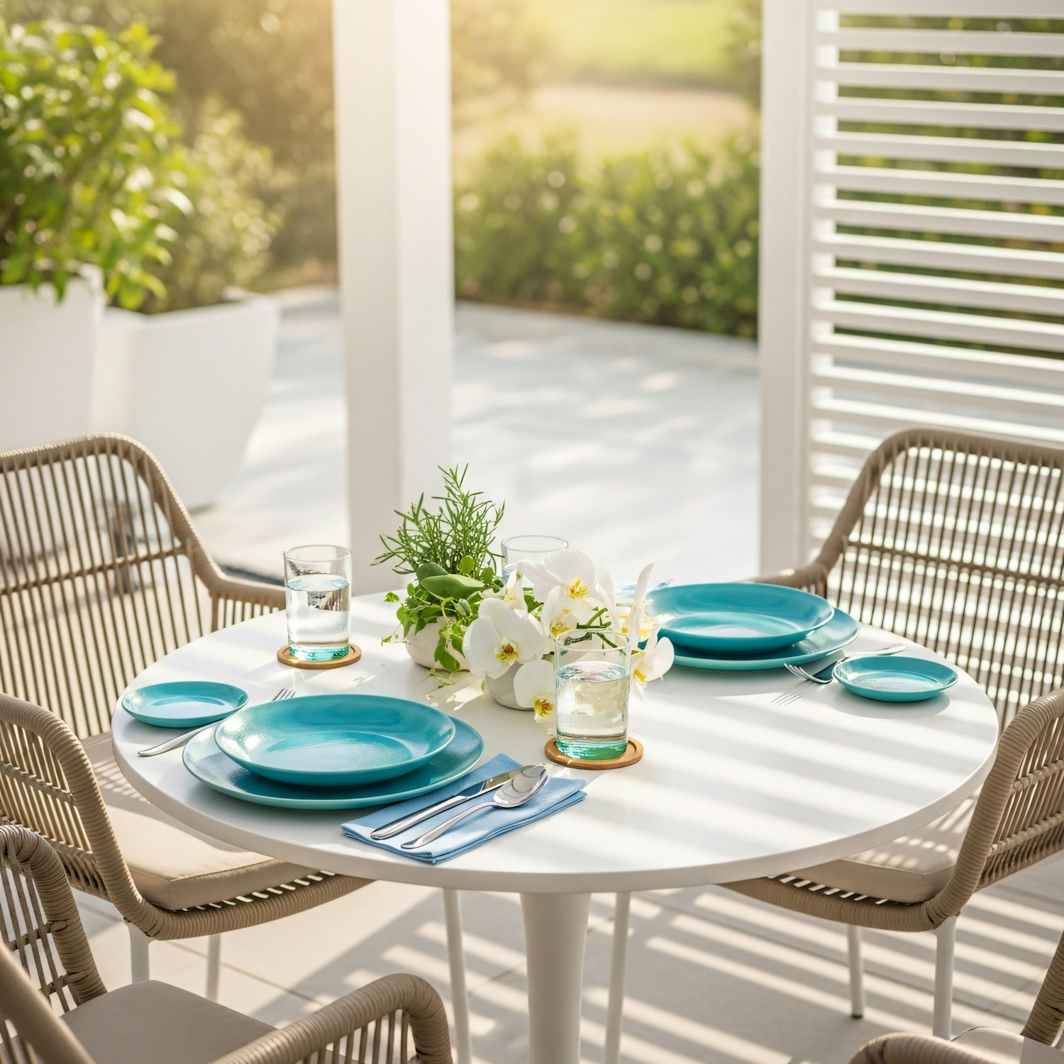 Outdoor table laid with plates and a flower arrangement under a shaded pergola