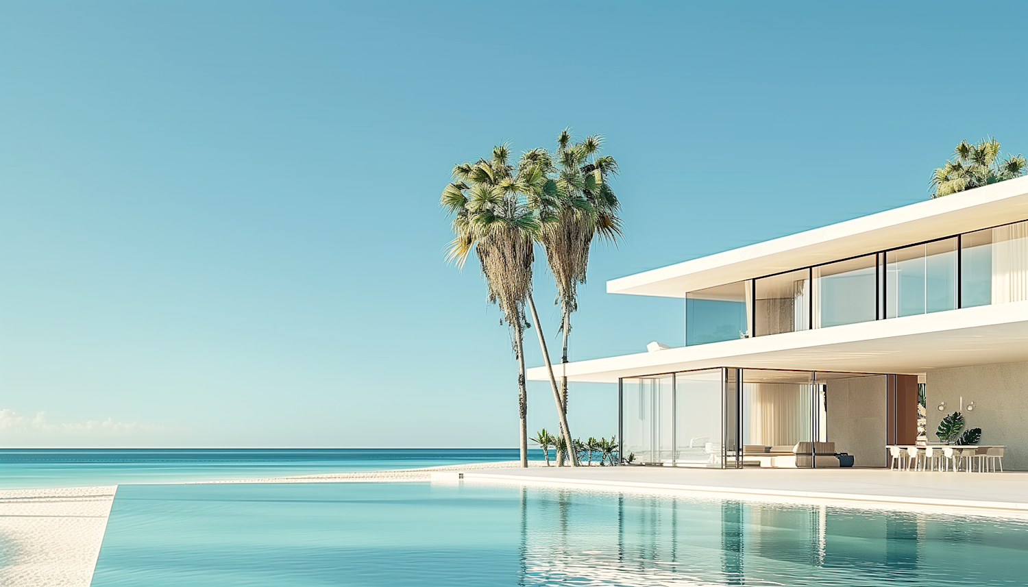 Swimming pool on a terrace beside the villa with loungers and open sky