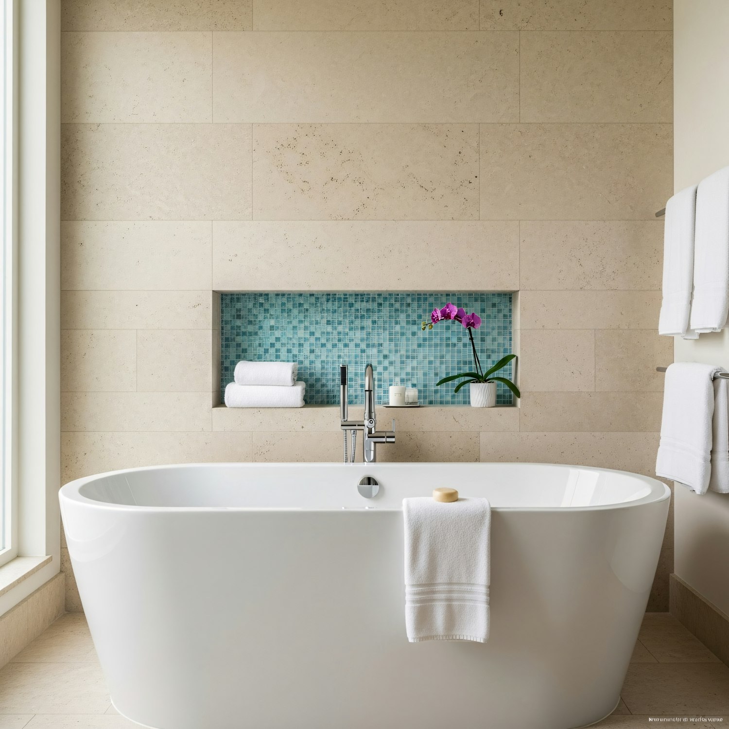 Bathroom with a freestanding tub, stone tiles and a potted orchid