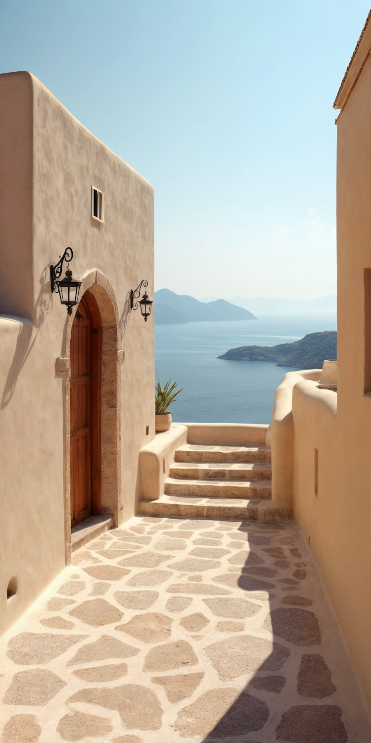 Stone steps between plastered walls leading down through the villa terraces