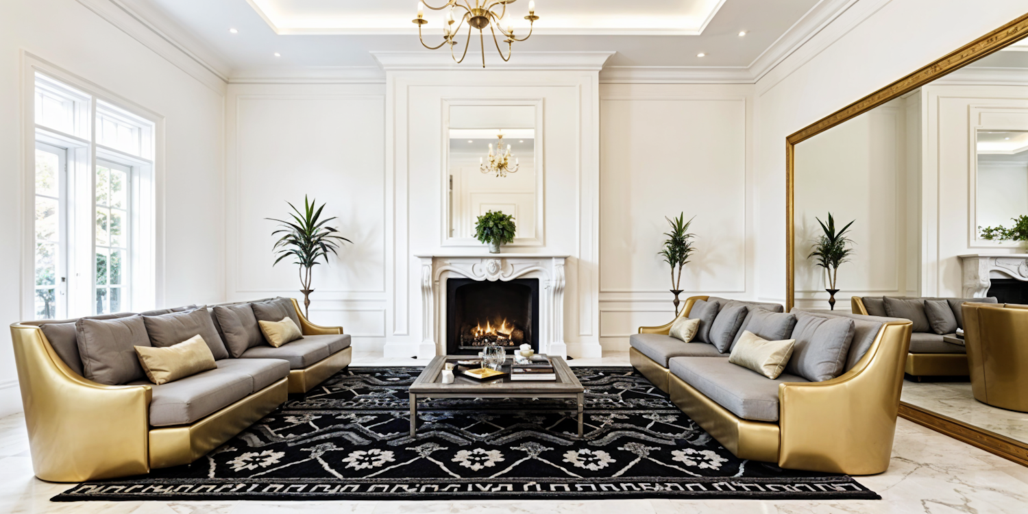 Sitting room with a marble fireplace, patterned rug and gold upholstered sofas