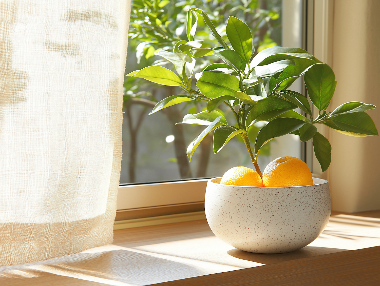 Potted citrus tree with ripe fruit standing in bright window light