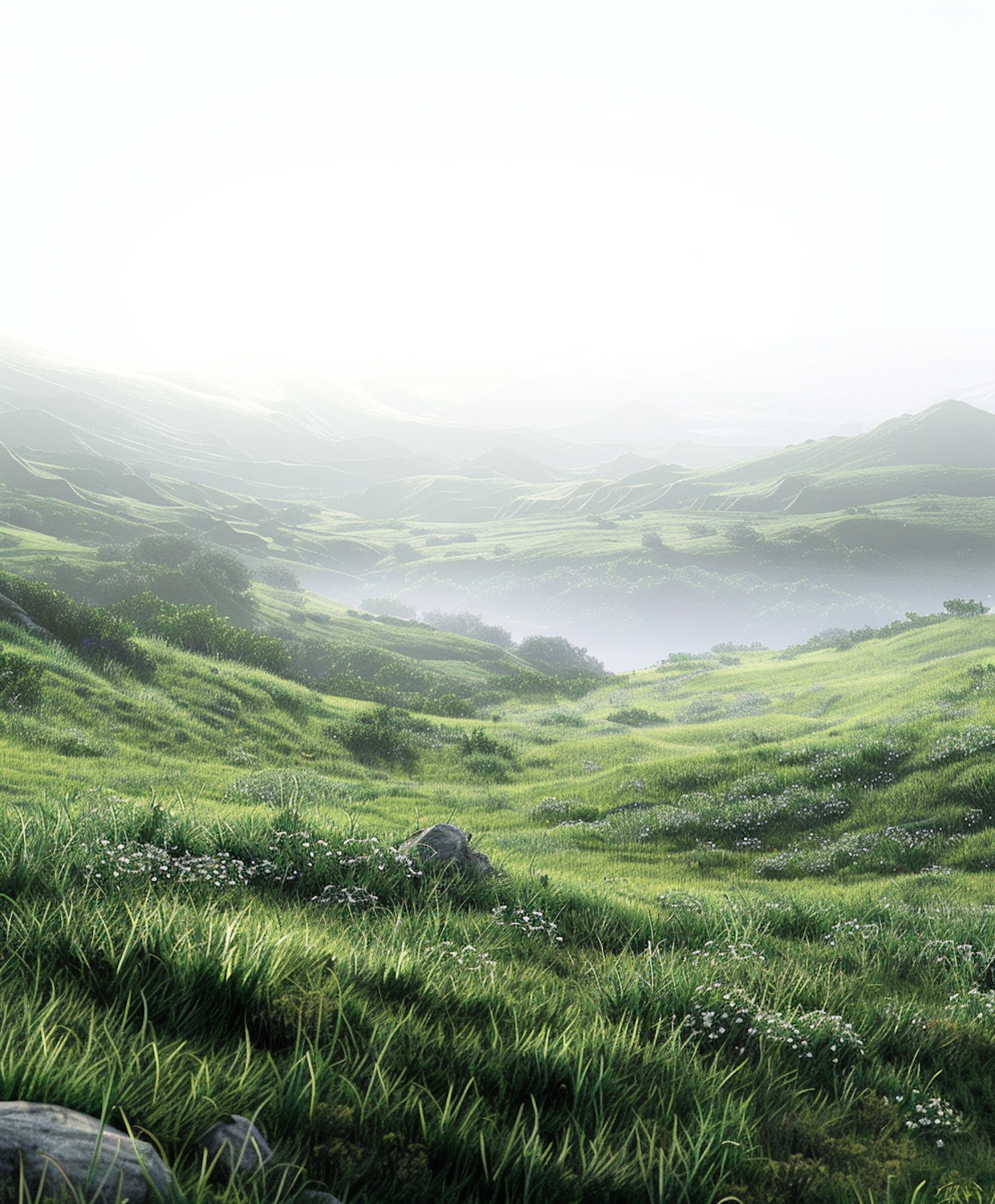 Rolling green hills under soft light with mist lying in the valleys
