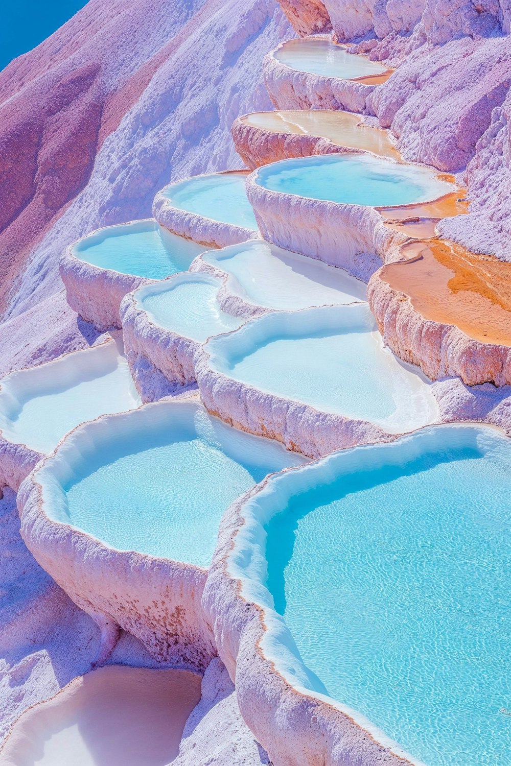 Terraced natural pools of turquoise mineral water under a blue sky
