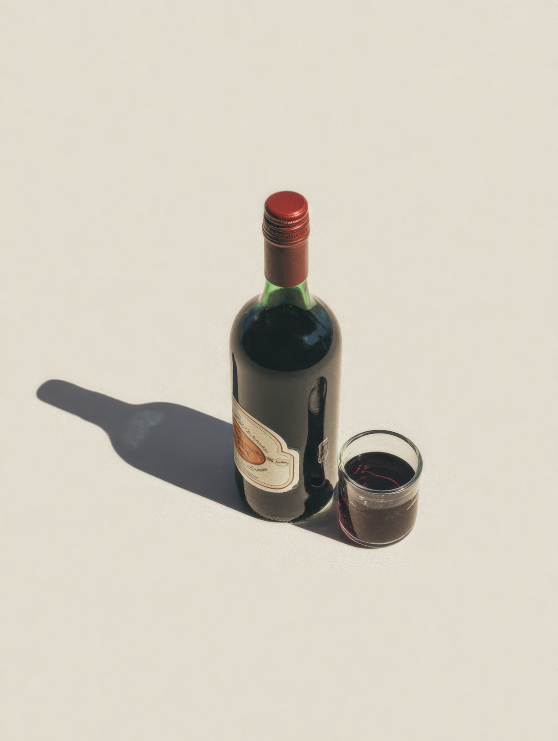 Bottle of red wine and a filled glass standing in soft natural light