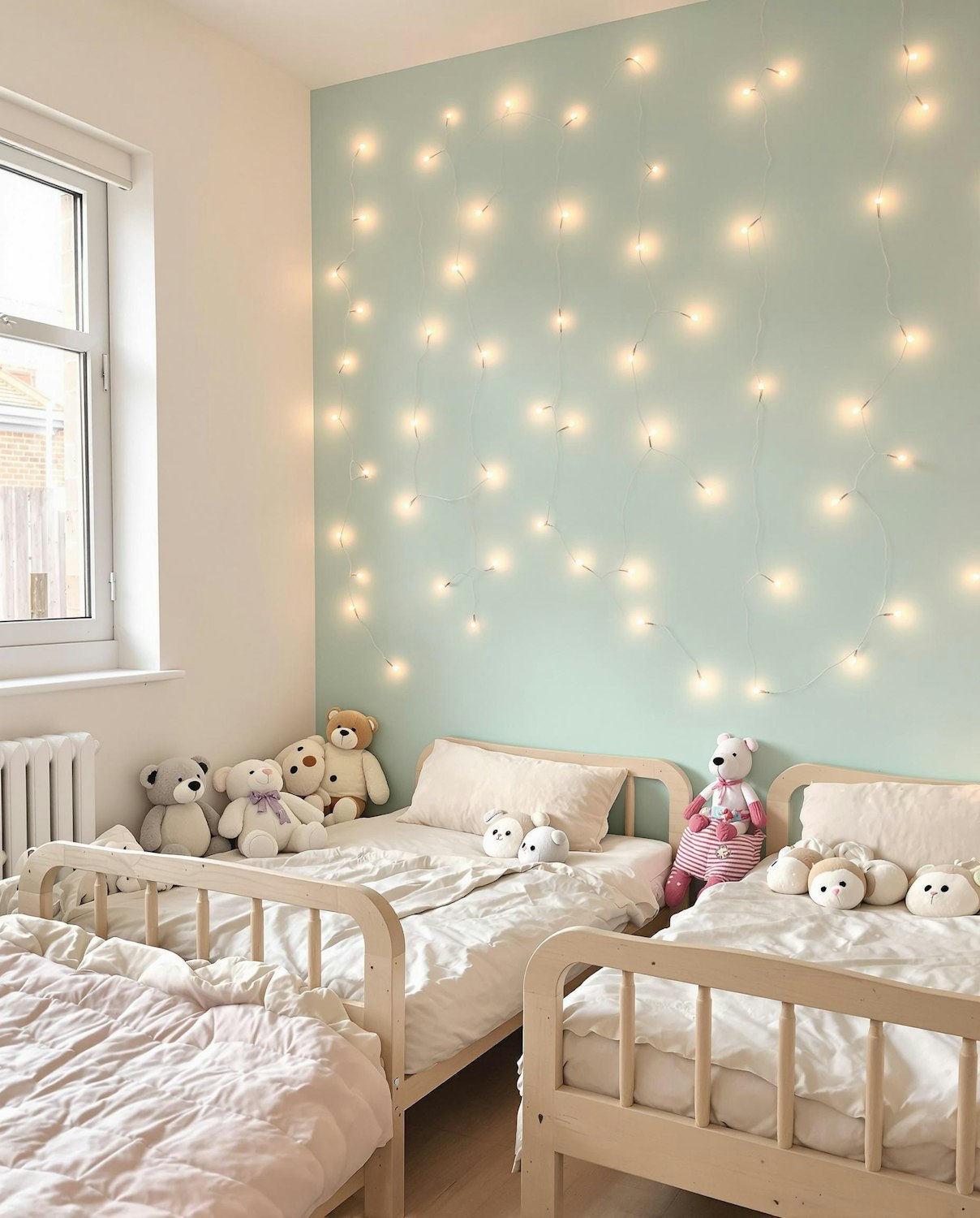 Olive Wing children's room with two wooden beds, soft green walls and warm string lights